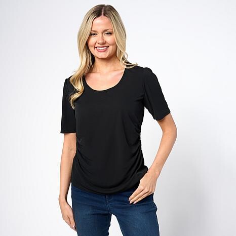 Jaclyn Smith Fashions Jaclyn Smith Scoop Neck Side Ruched Tee - Tobacco Brown Combo - Size 2X