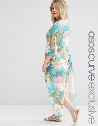 ASOS Curve CURVE Split Side Maxi Beach Kimono in Tropical Floral Print