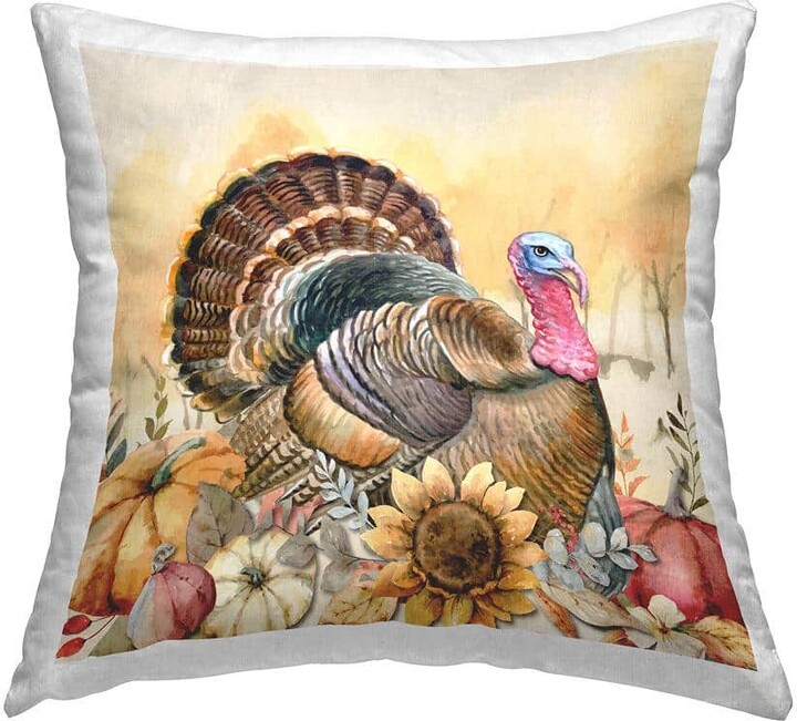 Fall Turkey Floral Harvest Pumpkins Multi-Color Print Polyester 18in. X 18in. Throw Pillow