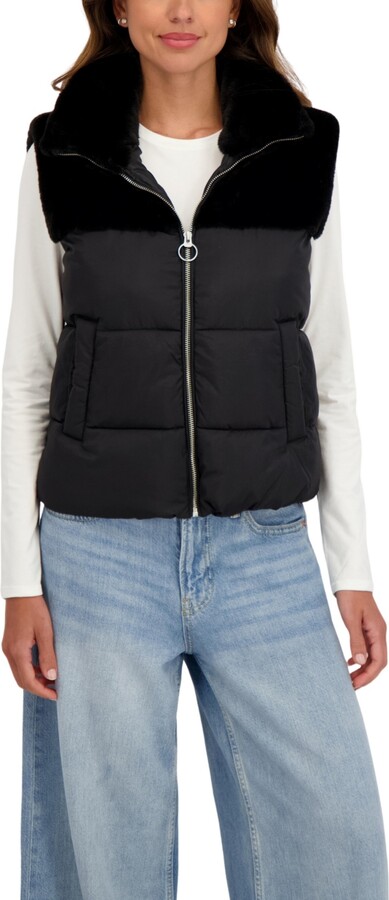 Sebby Collection Women's Short Mix Media Puffer Vest