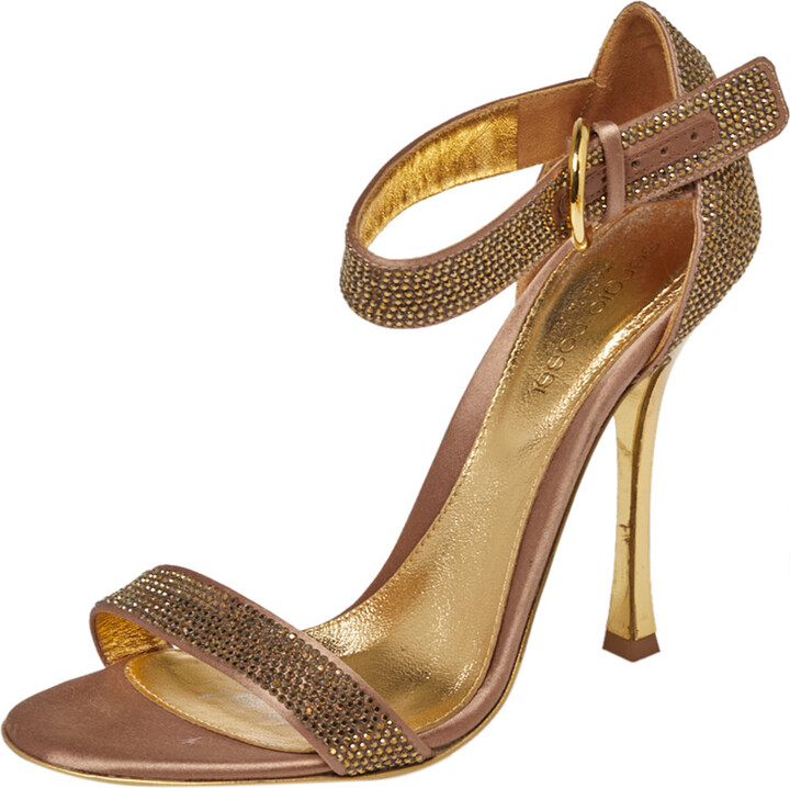 Sergio Rossi Gold Satin And Crystal Embellished Studded Ankle Strap Sandals
