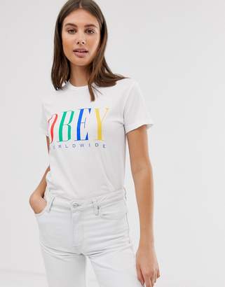 Obey relaxed t-shirt with front logo in rainbow-White