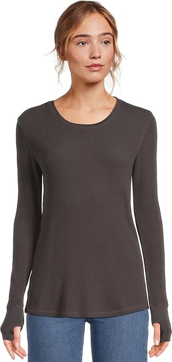 Mod-o-doc Long Sleeve With Thumbhole, Crewneck T-Shirts Women's Clothing Washed Ebony : SM (US 4-6), Cotton/Modal/Spandex
