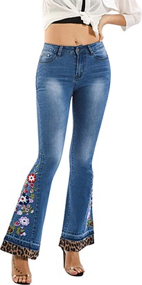 Bell Bottom Jeans for Women Flared Floral Embroidered Jean Wide Leg Denim Pants 