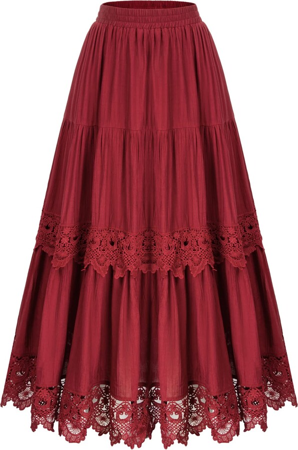 SCARLET DARKNESS Women’s Renaissance Maxi Skirt Lace Trim Tiered Skirts