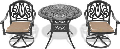 3 Cast Aluminum Outdoor Dining Setup. 2 Swivel Chairs & 35.43" Round Table. Black Frame. Elegant Patterns, , Comfortable , Cushions Included All-weath