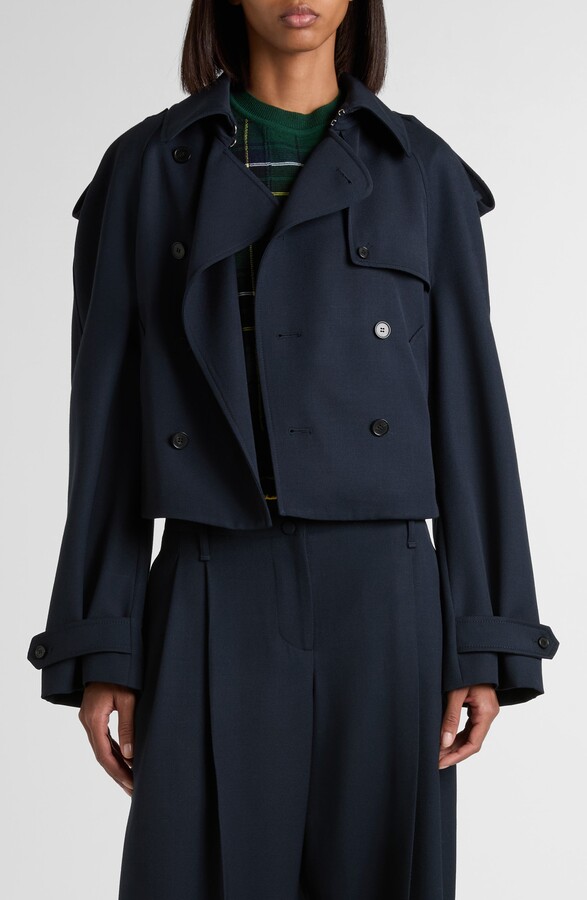 Alexander McQueen Double Breasted Wool & Cotton Crop Trench Coat