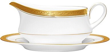 Noritake Crestwood Etched Porcelain Gravy Boat with Stand