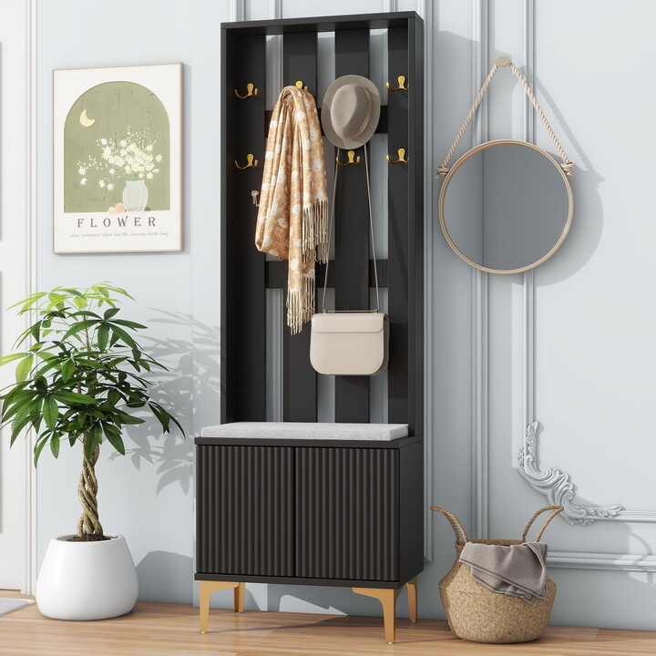 MAYEERTY 4-in-1 Hall Tree: Modern Entryway Bench with Cushion, 8 Gold Hooks, Adjustable Shelves, Black