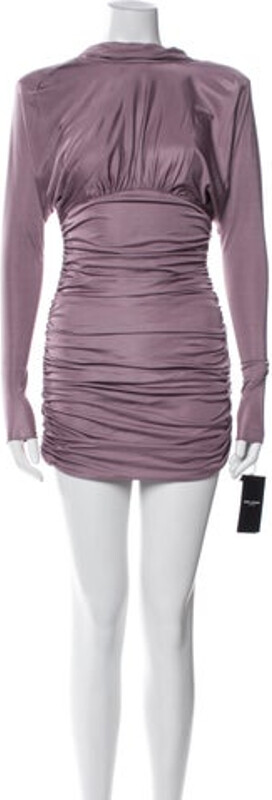 Saint Laurent Satin Sheath Dress Purple Long Sleeve with Mock Neck Concealed Zip Closure at Side