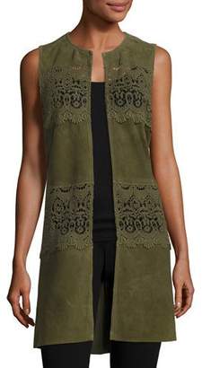 Neiman Marcus Long Suede & Lace Topper Vest, Olive
