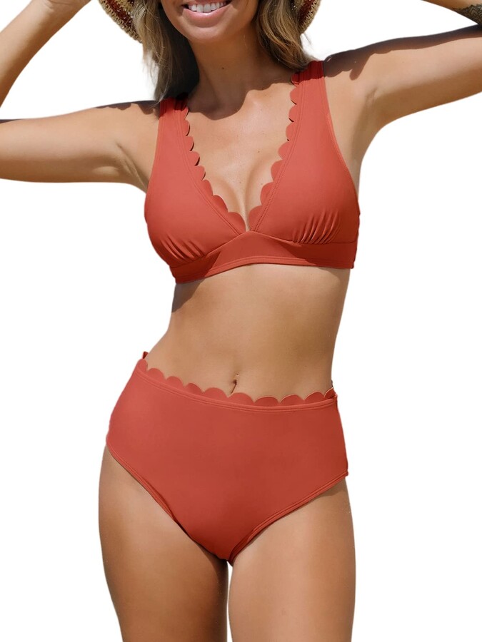 CUPSHE Women Bikini Set High Waisted Scalloped Swimming Costume V Neck  Widened Hem Two Piece Swimsuit Bathing Suit Coral Red S - ShopStyle