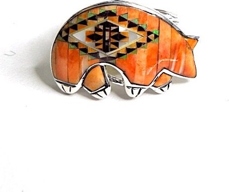 Multicolor Spiny Oyster 925 Sterling Silver Bear Inlay Ring