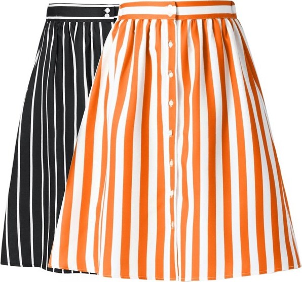 INSPIRE CHIC INSPIRECHICWomen'sStripesButtonFrontElasticBackA-LineMidiSkirt2PacksBlack/OrangeLarge