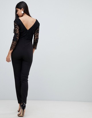 Little Mistress lace sleeve fitted jumpsuit in black