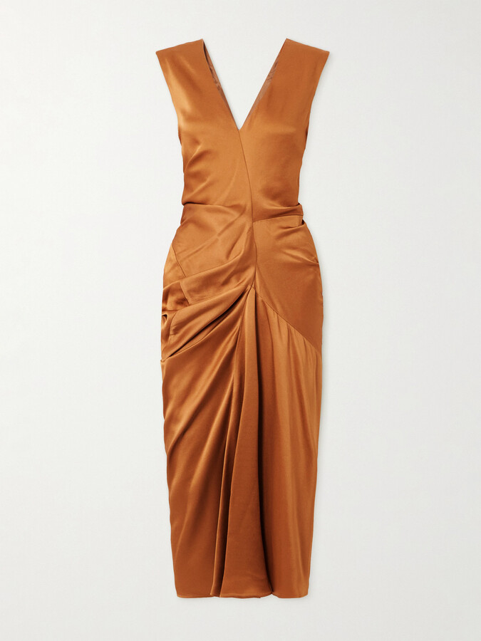 Dries Van Noten Gathered Satin Midi Dress - Orange