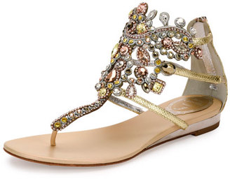 Rene Caovilla Jewel-Embellished Flat Thong Sandal, Platinum/Rose Gold