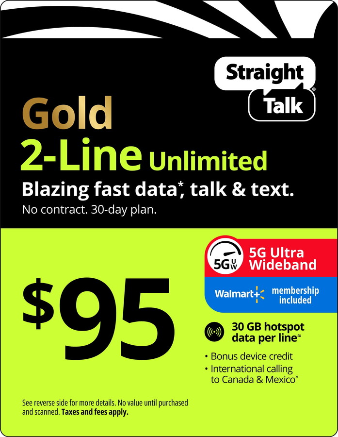 Straight Talk $95 Gold 2-Line Unlimited 30-Day Prepaid Plan, 30 GB Hotspot Data, 100GB Cloud Storage & Int'l Calling e-PIN Top Up (Email Delivery)