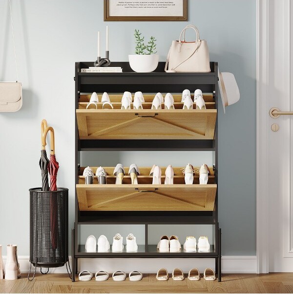 Garvee WoodShoeCabinetwith2Flip-UpDrawers&OpenShelves-StylishShoeOrganizerforHallway,Bedroom&Entryway