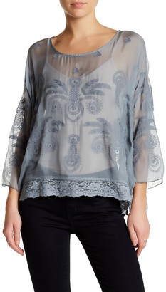 Johnny Was Silk Blouse with Lace Hi-Lo Hem