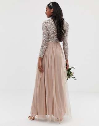 Maya Tall Bridesmaid long sleeve maxi tulle dress with tonal delicate sequins in taupe blush