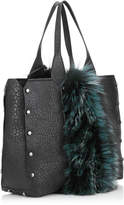Thumbnail for your product : Jimmy Choo LOCKETT SHOPPER Black Grainy Leather Tote Bag with Bottle Green Fox Fur