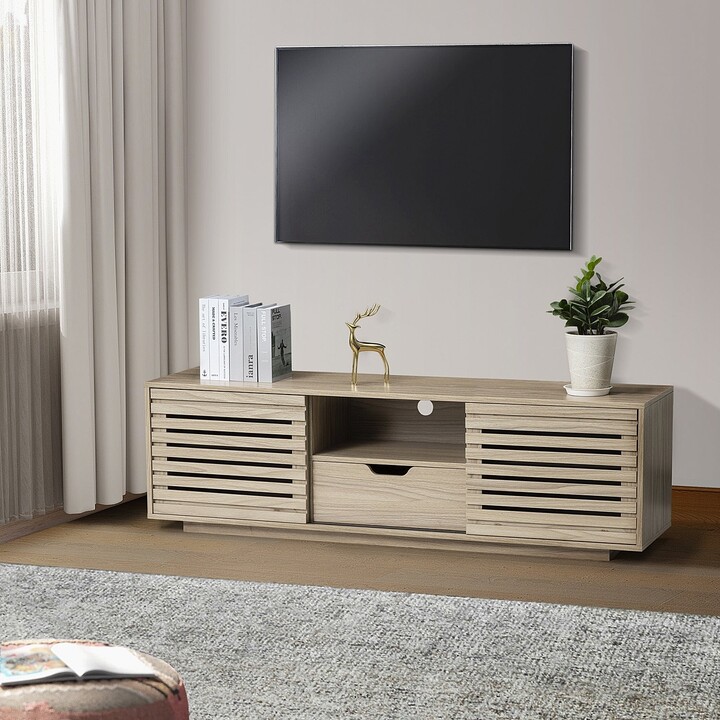 TOSWIN Modern Solid Wooden Frame TV Stand Slatted Design TV Console