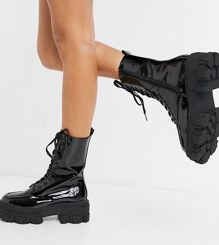 ASOS DESIGN Wide Fit Acoustic chunky lace up boots in black patent -  ShopStyle