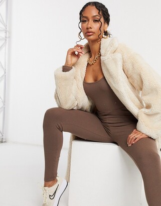 Qed london oversized borg coat in cream Clearance