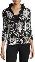 Thumbnail for your product : Neiman Marcus Knit Ruffle V-Neck Sweater, Black/Bone