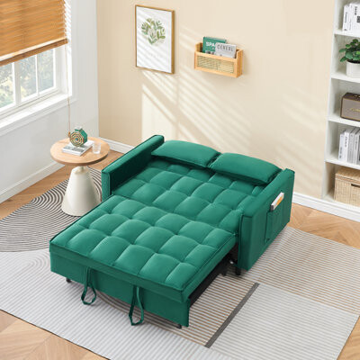 Ebern Designs Modern Velvet Sofa Bed with Pull-Out Feature, Pillow, Pockets, and Curved Backrest for Comfort and Versatility in Small Spaces