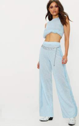 PrettyLittleThing Pink Feather Trim Wide Leg Knitted Trousers