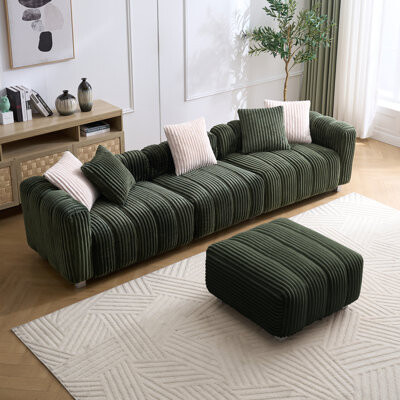 Mercer41 Comfortable And Durable Corduroy Three - Seater Sofa With Sturdy Wooden Frame And Ottoman For Relaxing In Various Spaces