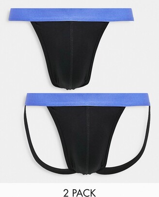 ASOS DESIGN 2 pack thong and jock strap in black with contrast