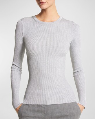 Metallic Rib Long-Sleeve Crewneck Sweater