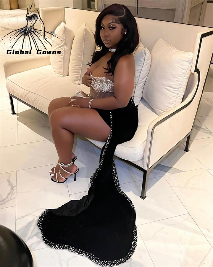 Lace-Up Sexy Strapless Short Prom Dresses 2024 Black Girl Velvet Crystal Bead Pearls Formal Party Mini Cocktail Dress Customized
