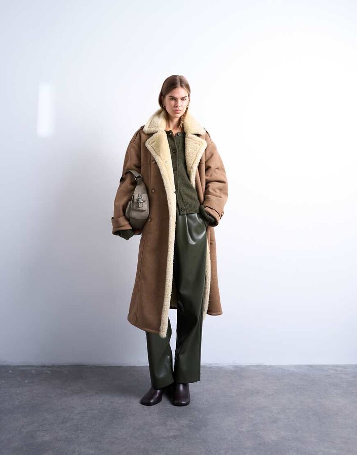Topshop formal longline faux shearling coat in brown and cream
