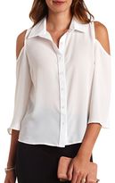 Thumbnail for your product : Charlotte Russe Bell Sleeve Cold Shoulder Button-Up Chiffon Top