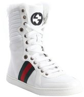 Thumbnail for your product : Gucci white leather logo striped rabbit fur trimmed hi-top sneakers