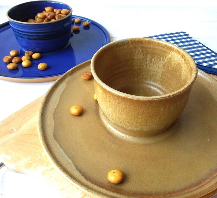 Ceramic Chip & Dip Bowl, Snack Dish, Brown Platter, Christmas Pottery Serving Plate, Blue Salsa Dish