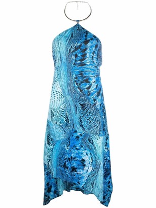 Blumarine Snakeskin-Print Asymmetric Halterneck Dress