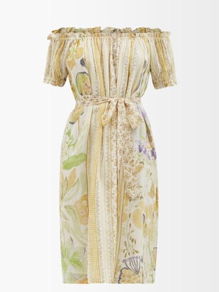 D'Ascoli Clara Off-shoulder Floral-print Cotton-khadi Dress - Yellow Multi
