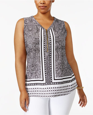 INC International Concepts Plus Size Printed Zip-Front Top, Created for Macy's