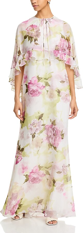 Teri Jon by Rickie Freeman Chiffon Floral Ruffled Capelet Gown