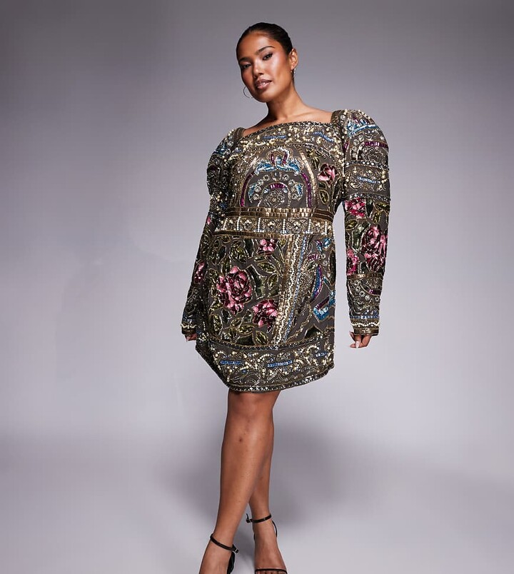 ASOS Curve ASOS DESIGN Curve embellished domed sleeve curved high neckline mini dress in multi