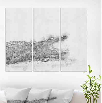 East Urban Home 'Black and White Crocodile Pencil Sketch' Oil Painting Print Multi-Piece Image on Wrapped Canvas