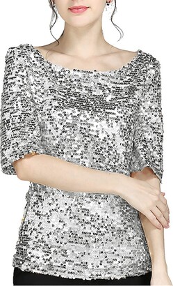 CTRLZS Gifts for Women Sequin Tops for Women Plus Size Elegant Casual Short  Sleeve Crewneck Shiny Sparkly Glitter Evening Party Shirts Blouse(02-Silver  - ShopStyle