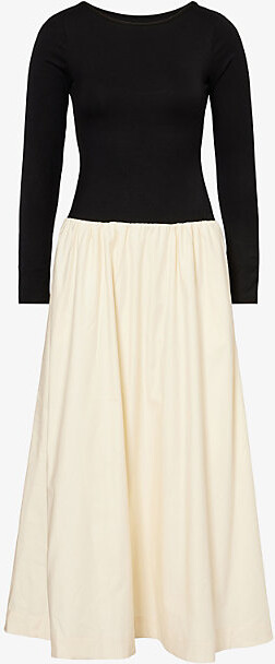 Reformation Womens Black and Sugar Abel Contrast-Skirt Cotton-Blend Midi Dress Xs