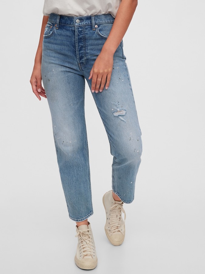 high rise cheeky straight jeans with distressed detail