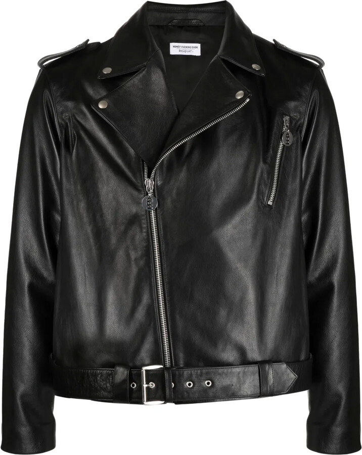 Honey Fucking Dijon Slogan-Print Leather Biker Jacket